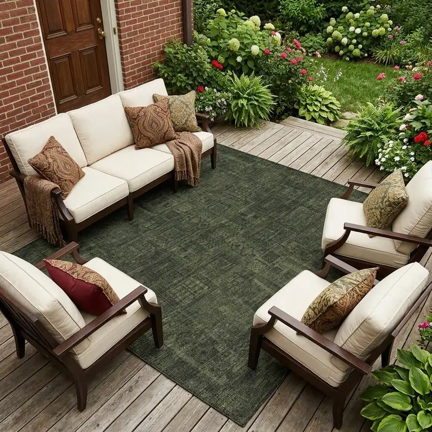 Olive Green And Green Oriental Washable Indoor Outdoor Area Rug Photo 1