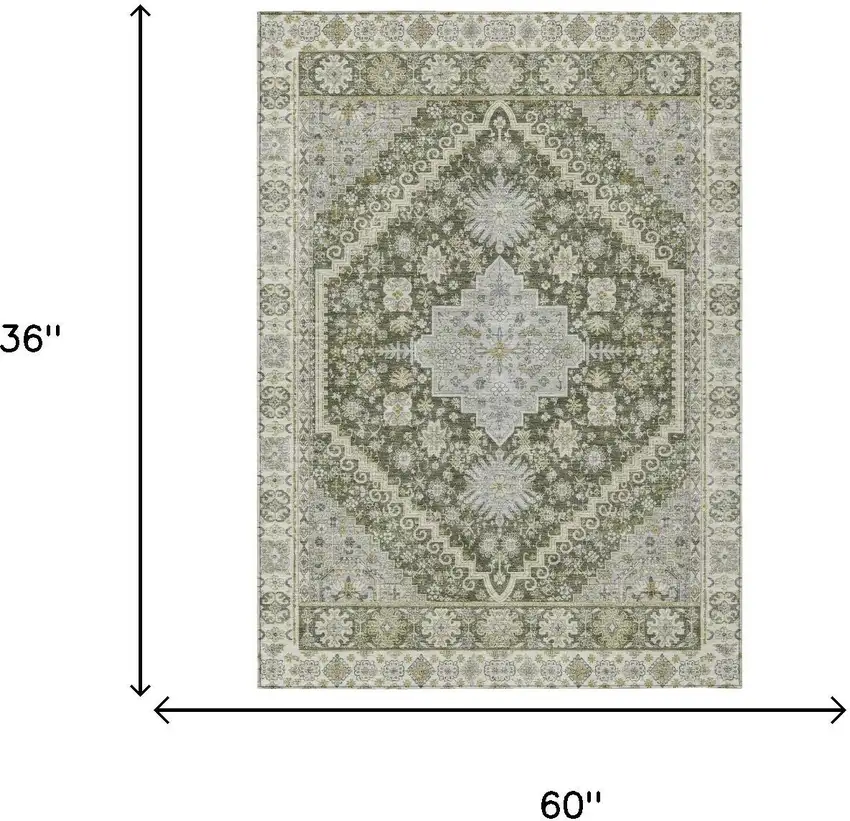 Olive Green And Green Oriental Washable Indoor Outdoor Area Rug Photo 4