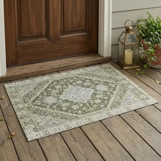 Olive Green And Green Oriental Washable Indoor Outdoor Area Rug Photo 1