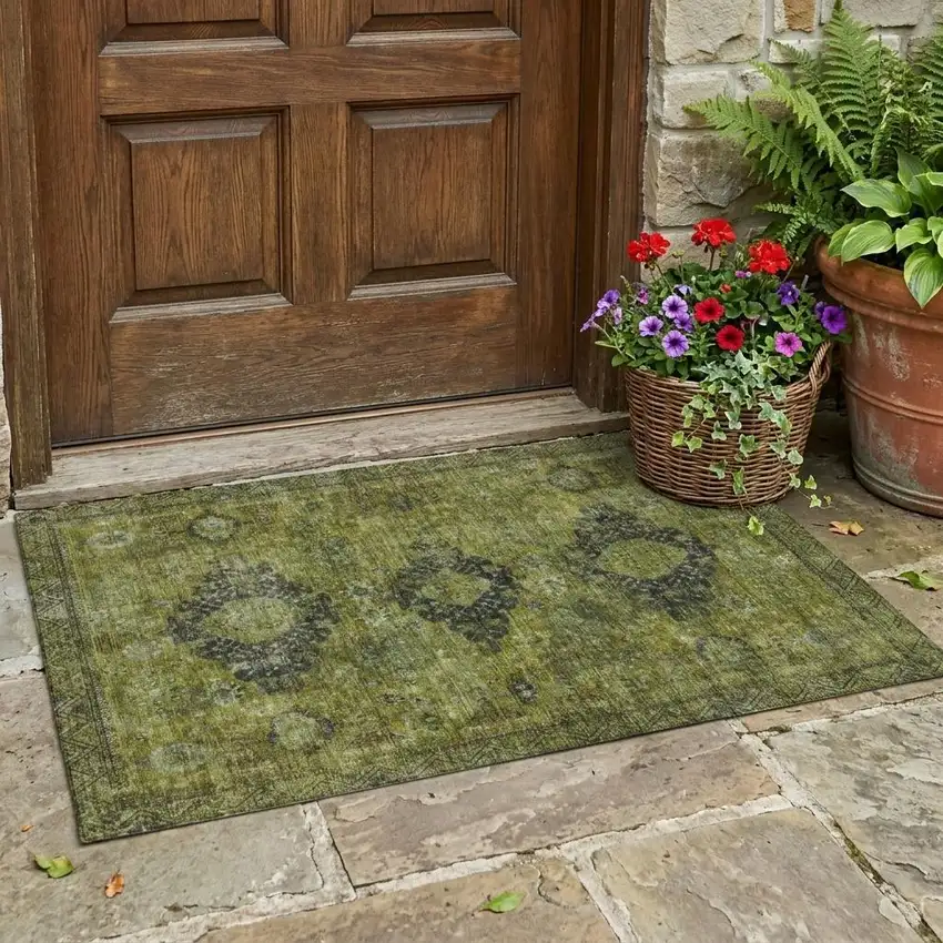 Olive Green And Green Oriental Washable Indoor Outdoor Area Rug Photo 1