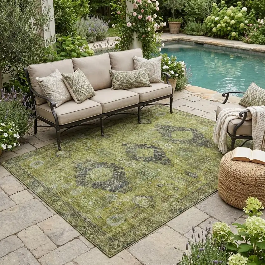 Olive Green And Green Oriental Washable Indoor Outdoor Area Rug Photo 1