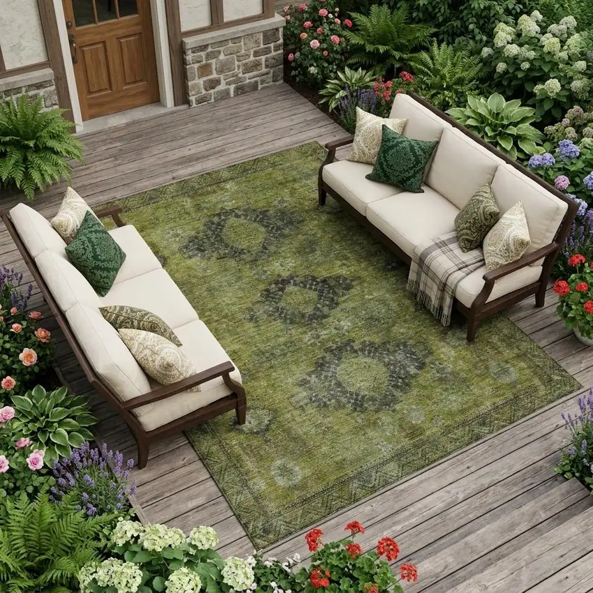 Olive Green And Green Oriental Washable Indoor Outdoor Area Rug Photo 1
