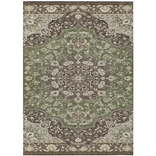Olive Green And Green Oriental Washable Indoor Outdoor Area Rug Photo 2