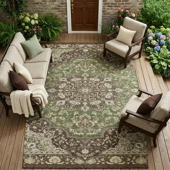 Olive Green And Green Oriental Washable Indoor Outdoor Area Rug Photo 1