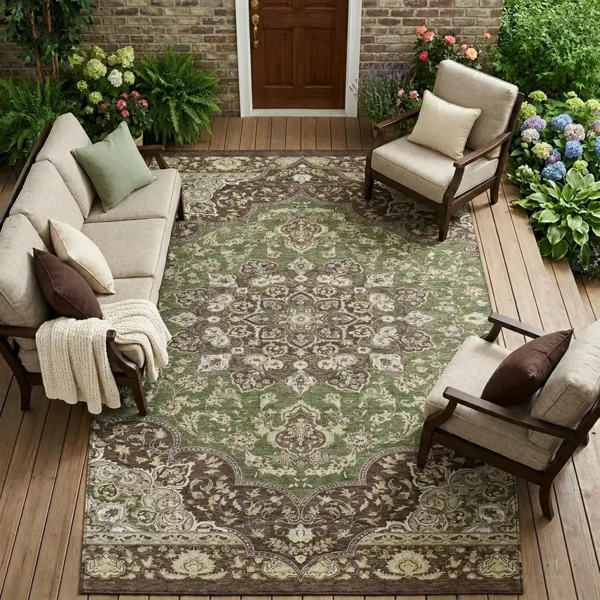 Olive Green And Green Oriental Washable Indoor Outdoor Area Rug Photo 1