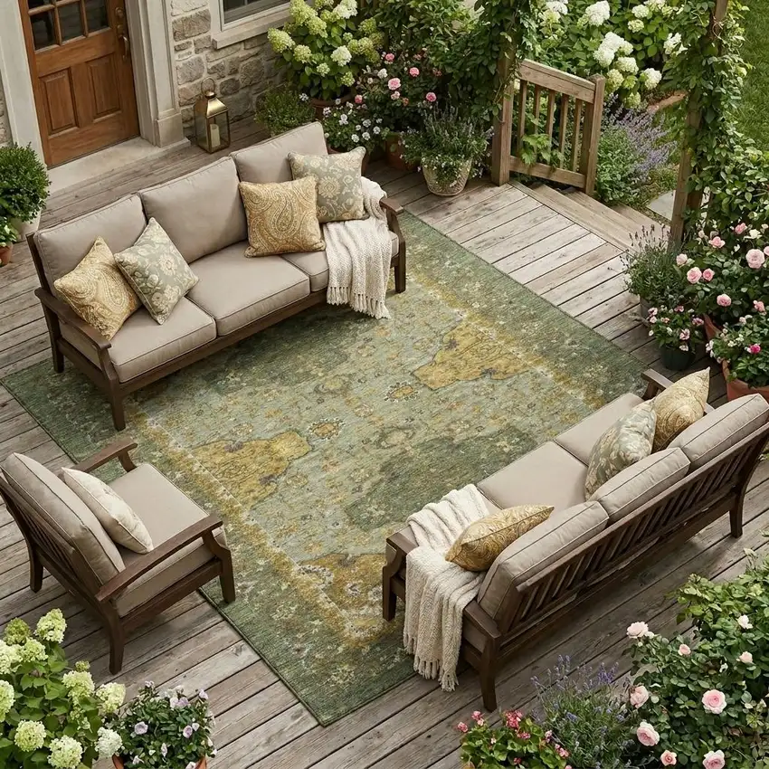 Olive Green And Green Oriental Washable Indoor Outdoor Area Rug Photo 1