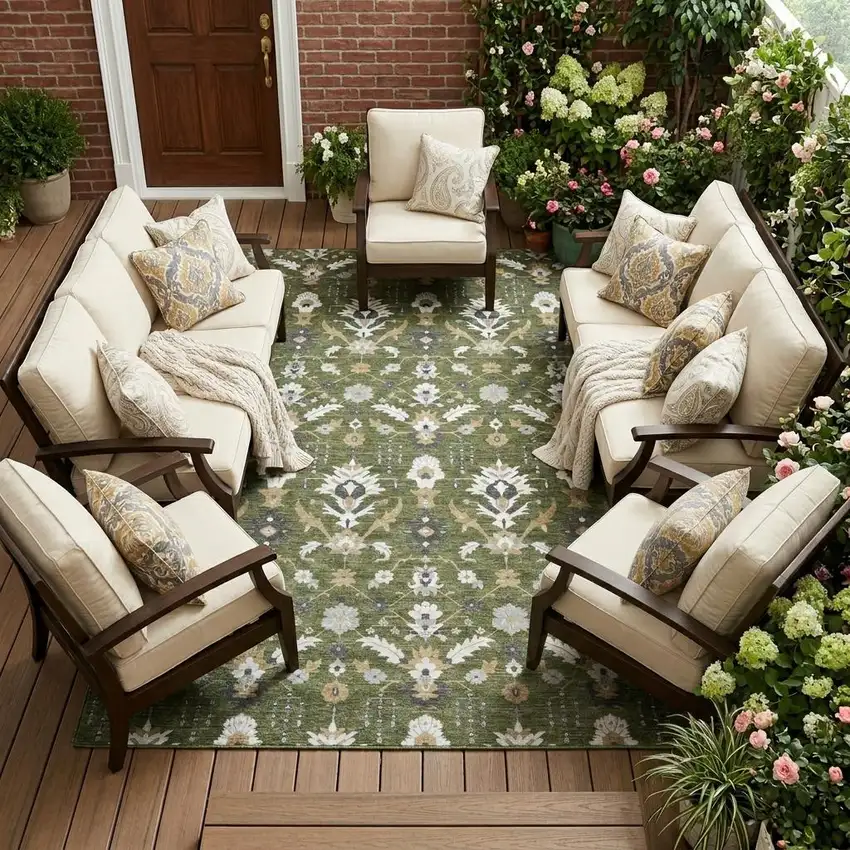 Olive Green And Green Oriental Washable Indoor Outdoor Area Rug Photo 1