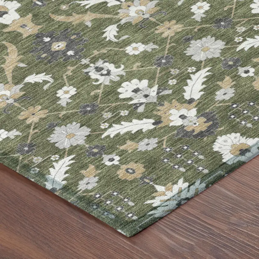 Olive Green And Green Oriental Washable Indoor Outdoor Area Rug Photo 3