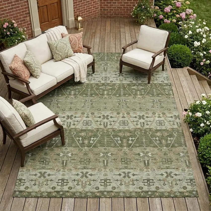 Olive Green And Green Oriental Washable Indoor Outdoor Area Rug Photo 1
