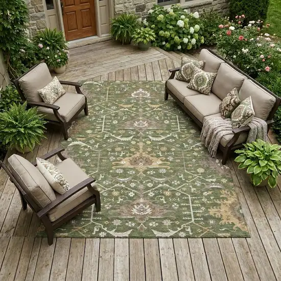 Olive Green And Green Oriental Washable Indoor Outdoor Area Rug Photo 1