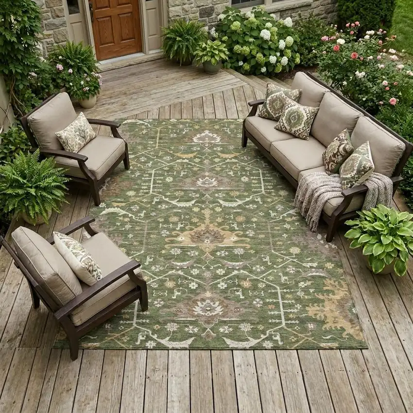 Olive Green And Green Oriental Washable Indoor Outdoor Area Rug Photo 1