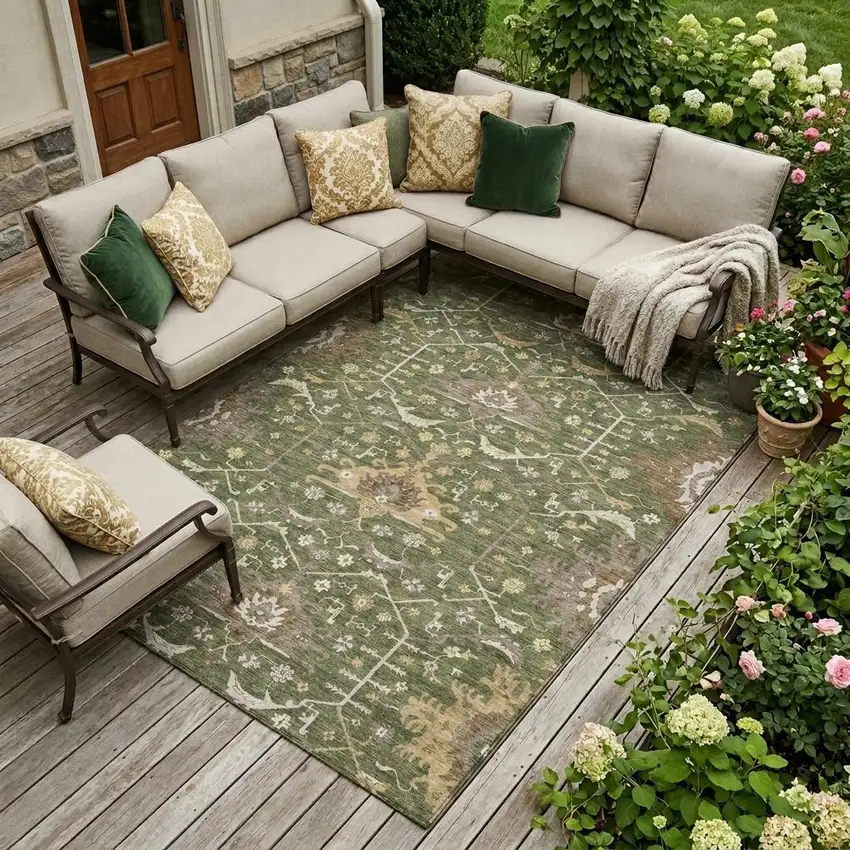 Olive Green And Green Oriental Washable Indoor Outdoor Area Rug Photo 1