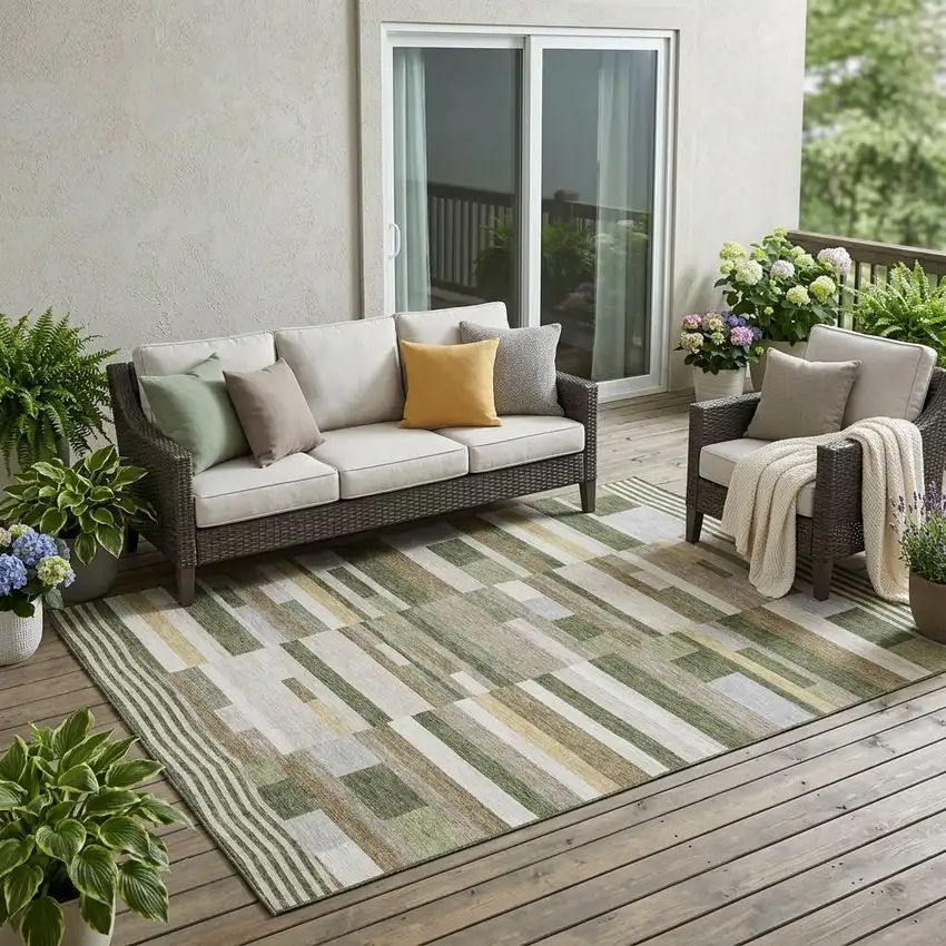Olive Green And Green Striped Washable Indoor Outdoor Area Rug Photo 1