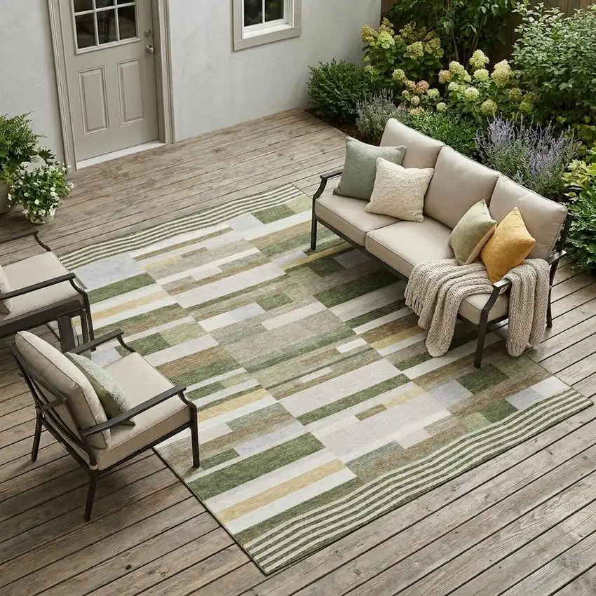 Olive Green And Green Striped Washable Indoor Outdoor Area Rug Photo 1