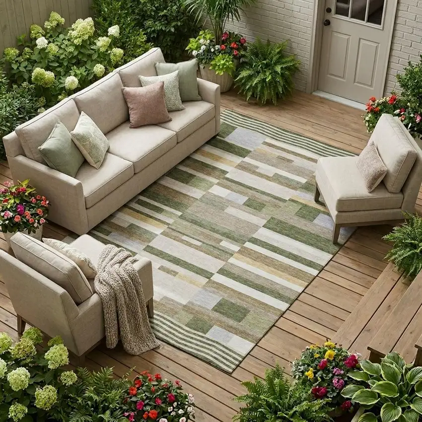 Olive Green And Green Striped Washable Indoor Outdoor Area Rug Photo 1
