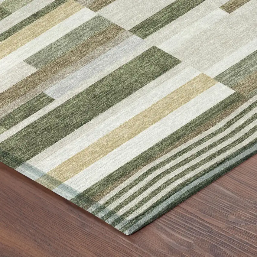 Olive Green And Green Striped Washable Indoor Outdoor Area Rug Photo 3