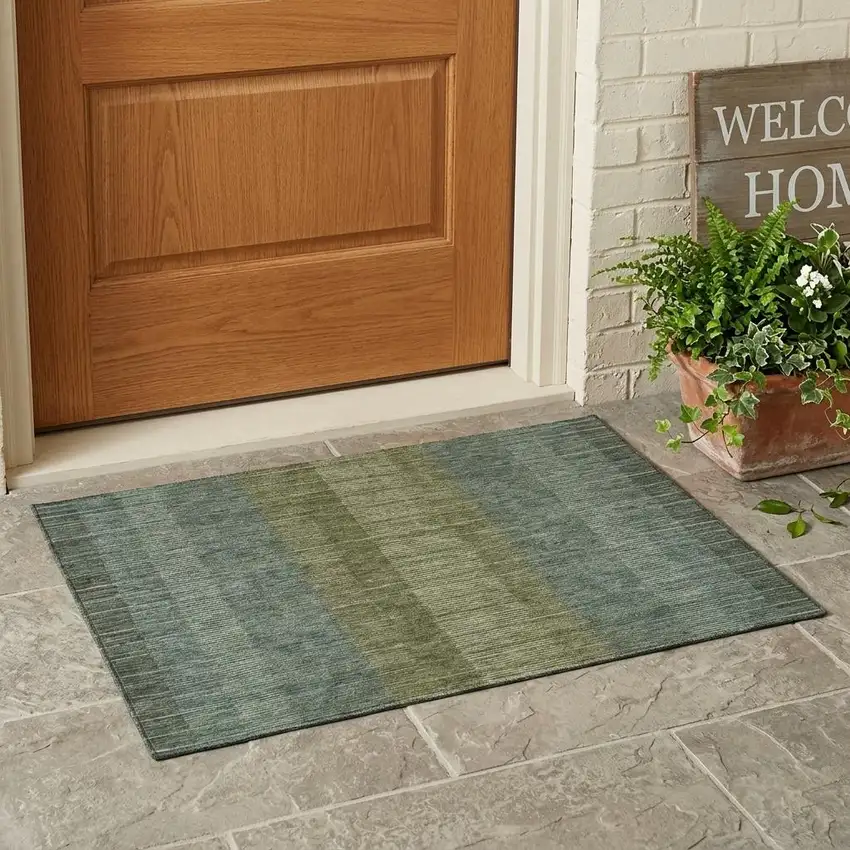Olive Green And Green Striped Washable Indoor Outdoor Area Rug Photo 1