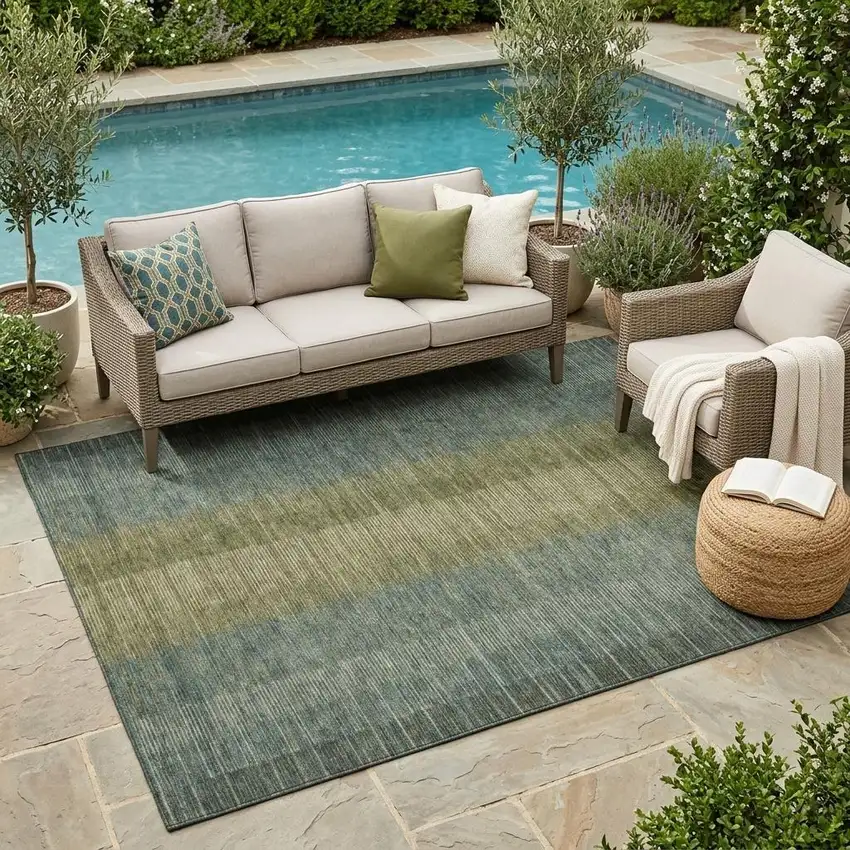 Olive Green And Green Striped Washable Indoor Outdoor Area Rug Photo 1