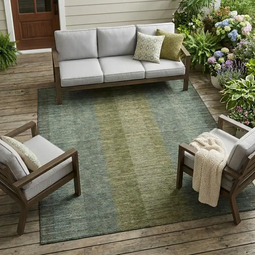 Olive Green And Green Striped Washable Indoor Outdoor Area Rug Photo 1