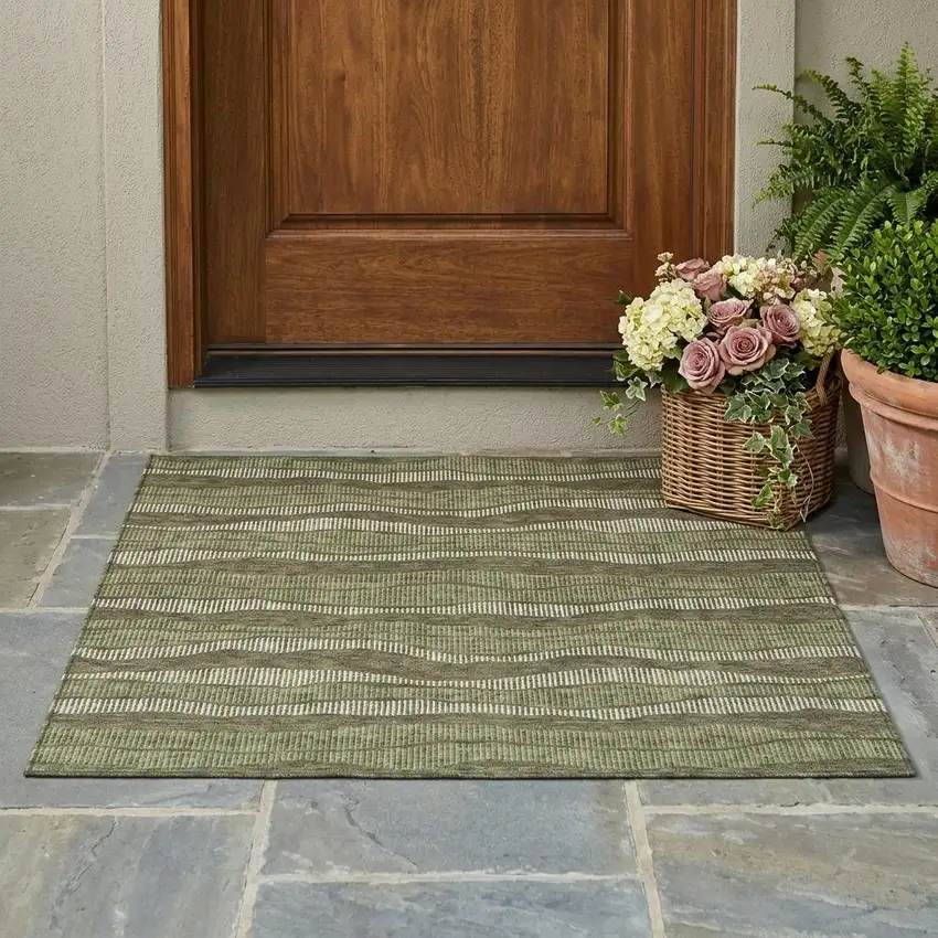 Olive Green And Green Striped Washable Indoor Outdoor Area Rug Photo 1