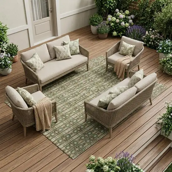 Olive Green And Green Striped Washable Indoor Outdoor Area Rug Photo 1
