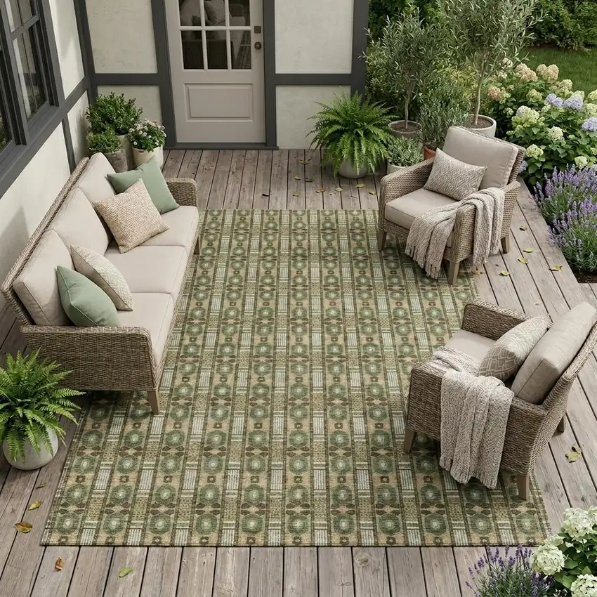 Olive Green And Green Striped Washable Indoor Outdoor Area Rug Photo 1