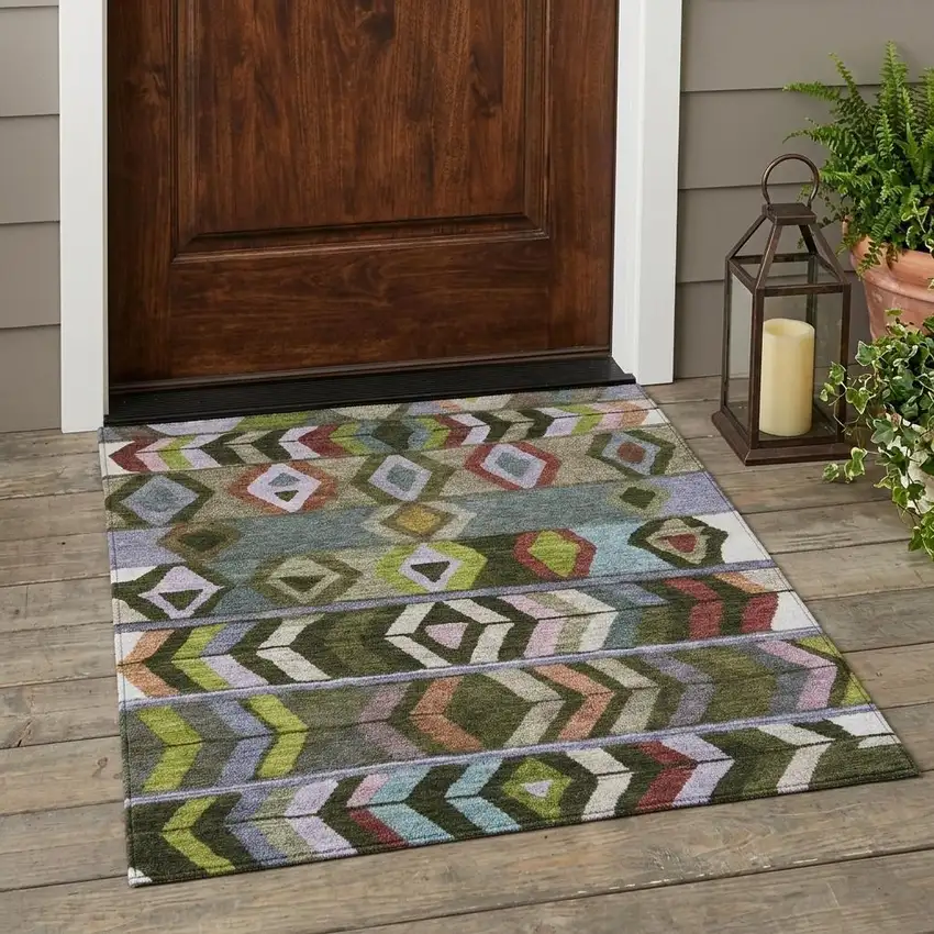 Olive Green And Green Tribal Washable Indoor Outdoor Area Rug Photo 1