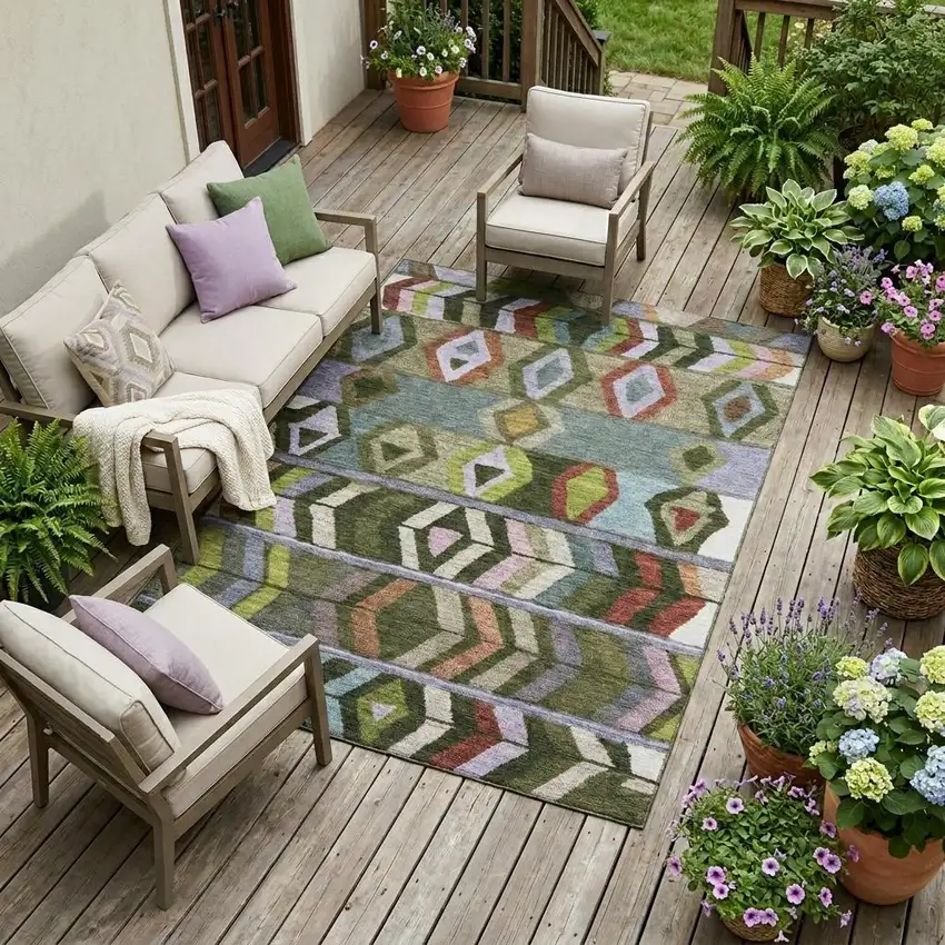 Olive Green And Green Tribal Washable Indoor Outdoor Area Rug Photo 1