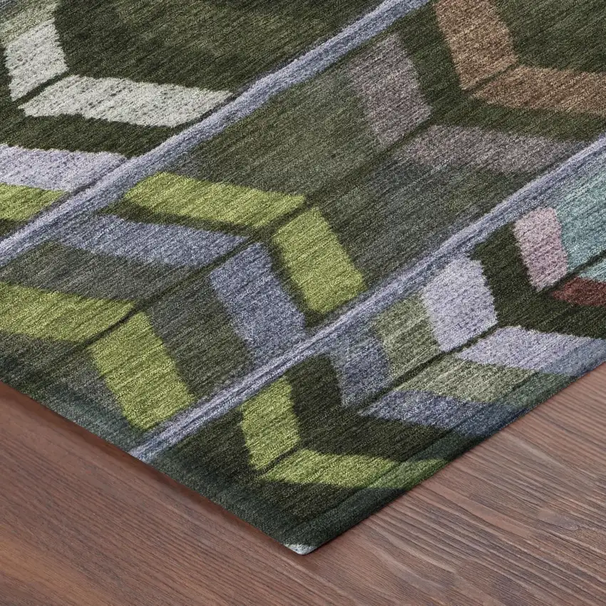 Olive Green And Green Tribal Washable Indoor Outdoor Area Rug Photo 5
