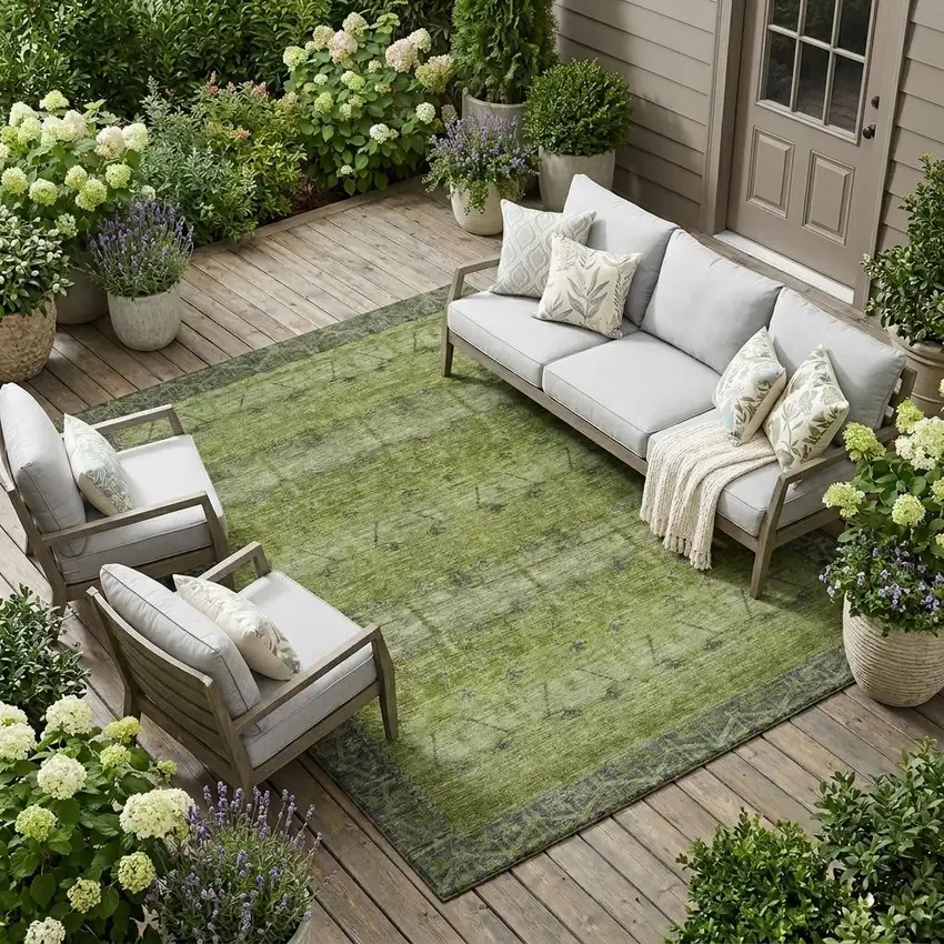 Olive Green And Green Tribal Washable Indoor Outdoor Area Rug Photo 1