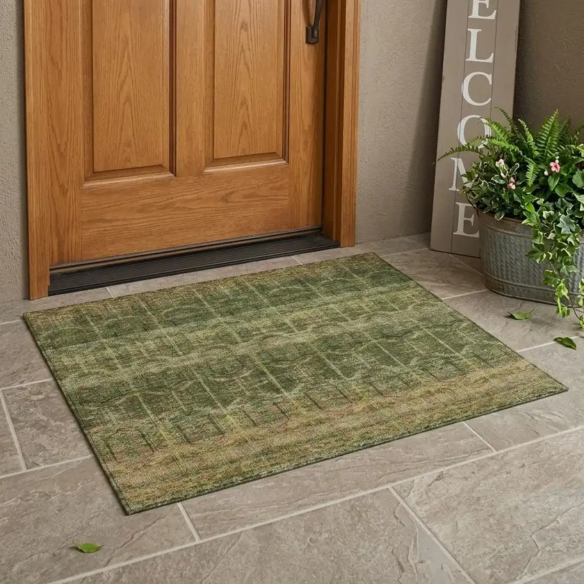 Olive Green And Green Tribal Washable Indoor Outdoor Area Rug Photo 1