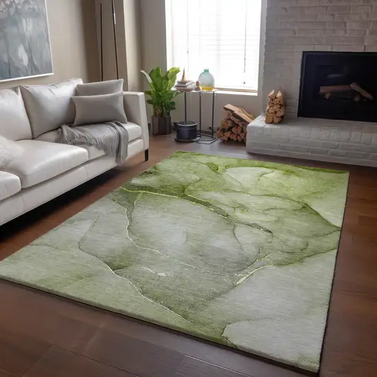 Olive Green And Ivory Abstract Washable Area Rug With UV Protection Photo 6