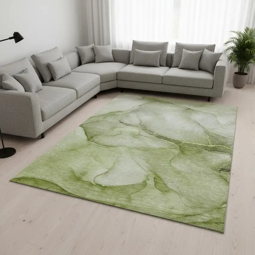 Olive Green And Ivory Abstract Washable Area Rug With UV Protection Photo 1