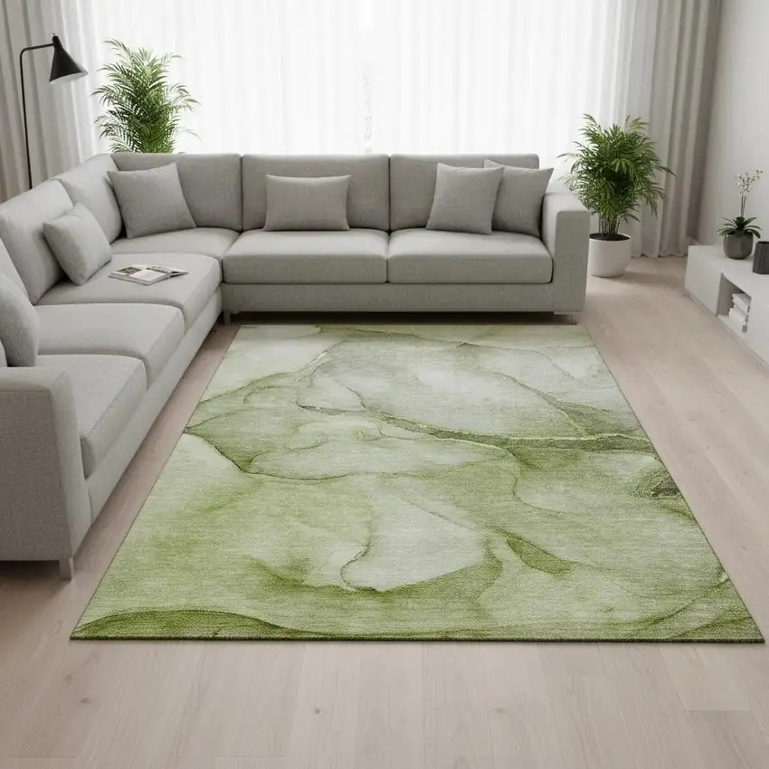 Olive Green And Ivory Abstract Washable Area Rug With UV Protection Photo 1