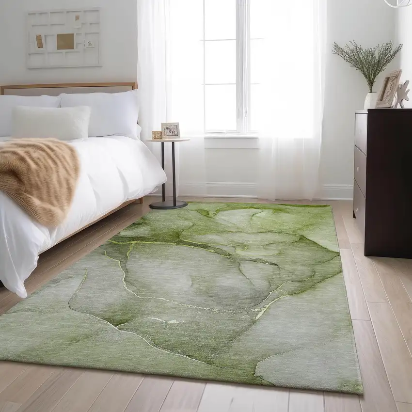 Olive Green And Ivory Abstract Washable Area Rug With UV Protection Photo 5