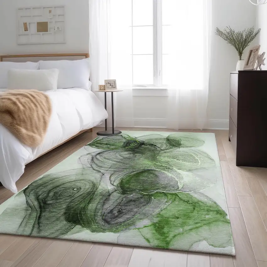 Olive Green And Ivory Abstract Washable Area Rug With UV Protection Photo 5