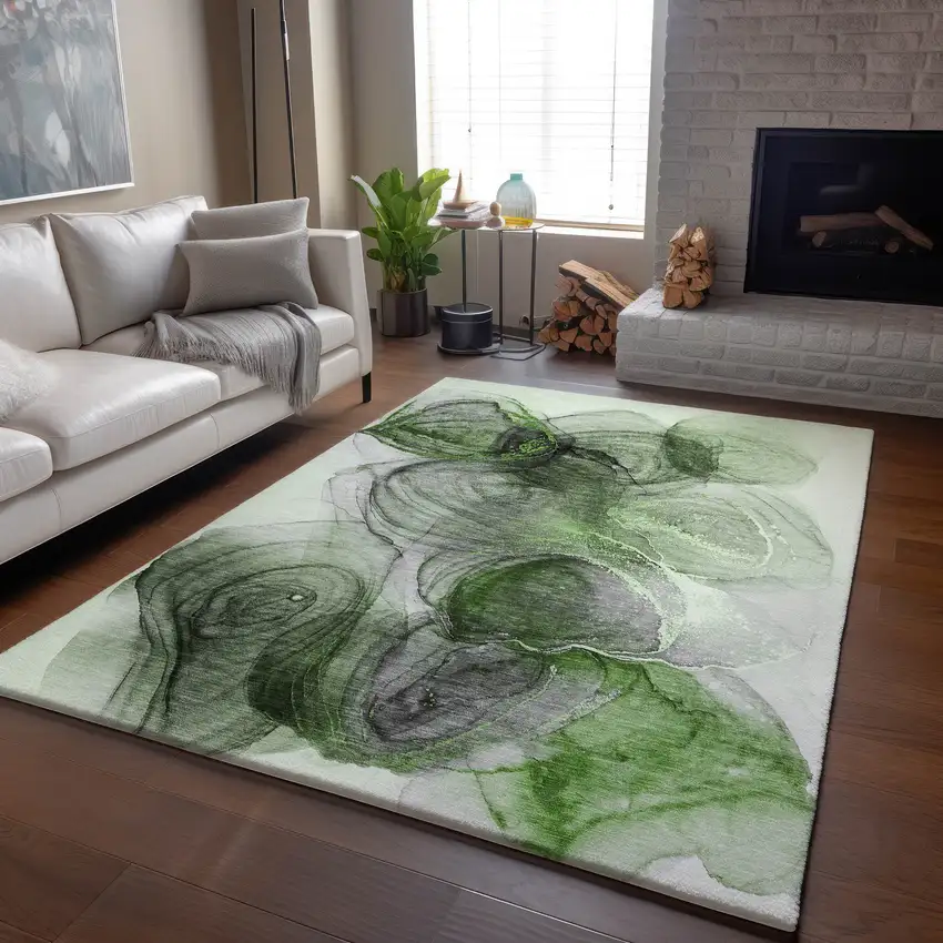 Olive Green And Ivory Abstract Washable Area Rug With UV Protection Photo 6
