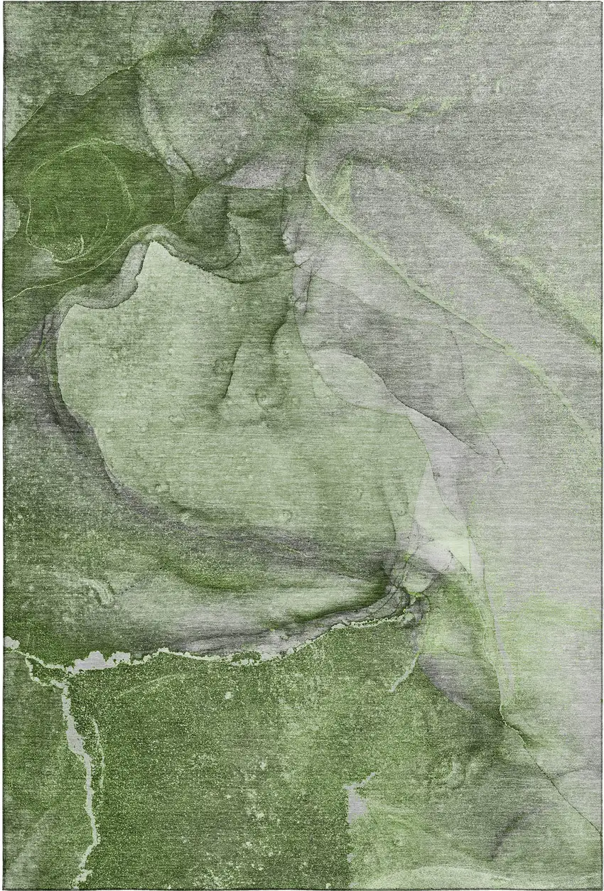 Olive Green And Ivory Abstract Washable Area Rug With UV Protection Photo 1