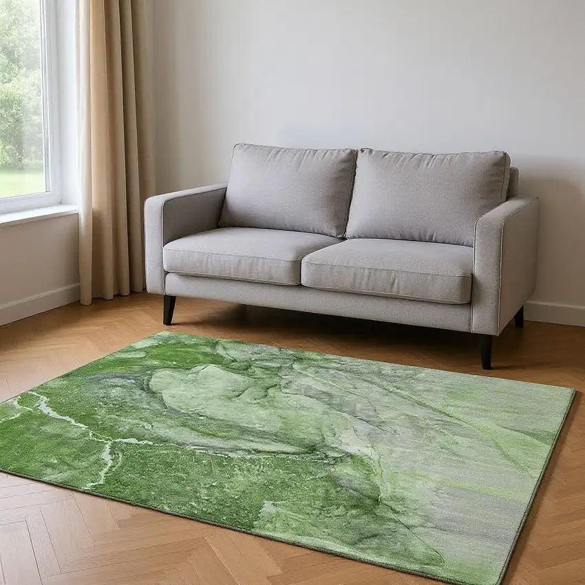 Olive Green And Ivory Abstract Washable Area Rug With UV Protection Photo 2