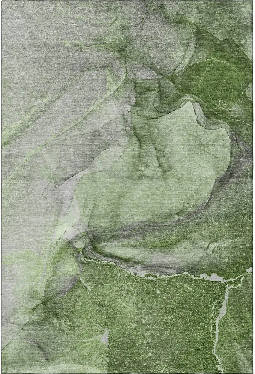 Olive Green And Ivory Abstract Washable Area Rug With UV Protection Photo 4