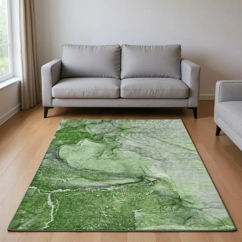 Olive Green And Ivory Abstract Washable Area Rug With UV Protection Photo 2
