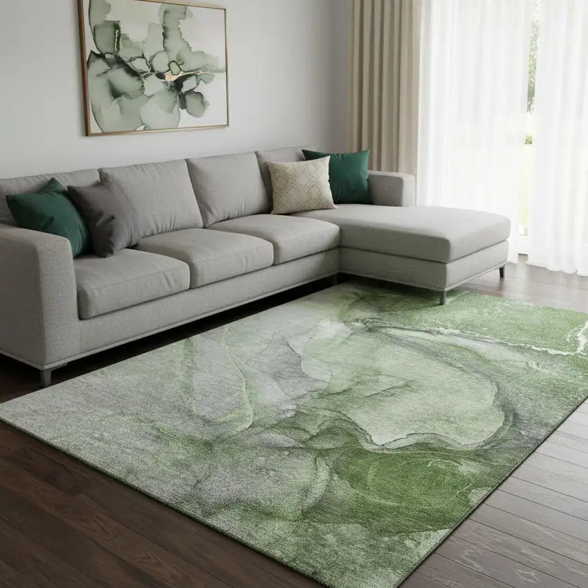 Olive Green And Ivory Abstract Washable Area Rug With UV Protection Photo 1