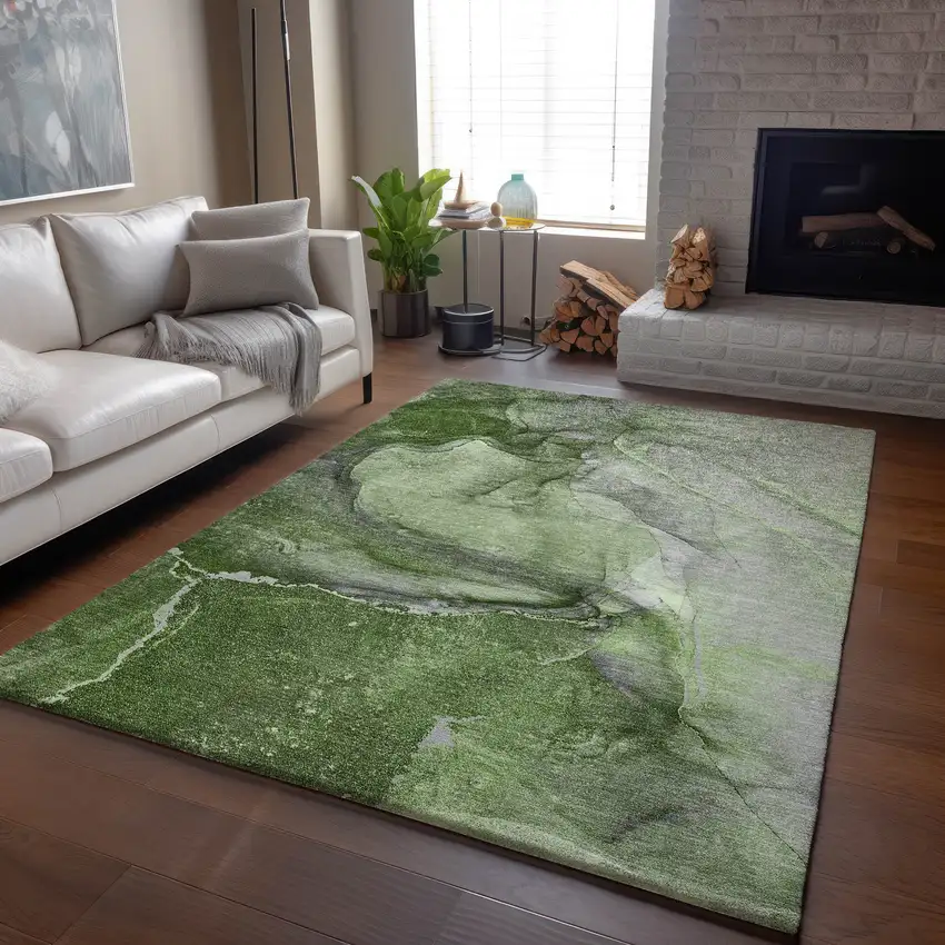 Olive Green And Ivory Abstract Washable Area Rug With UV Protection Photo 6