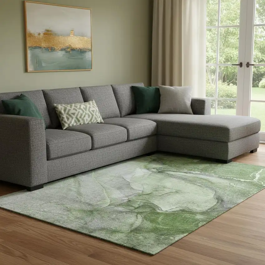 Olive Green And Ivory Abstract Washable Area Rug With UV Protection Photo 1