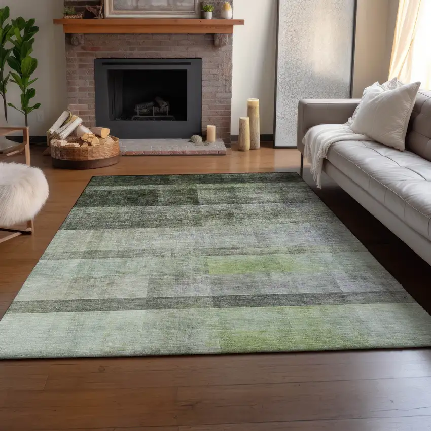 Olive Green And Ivory Abstract Washable Area Rug With UV Protection Photo 5