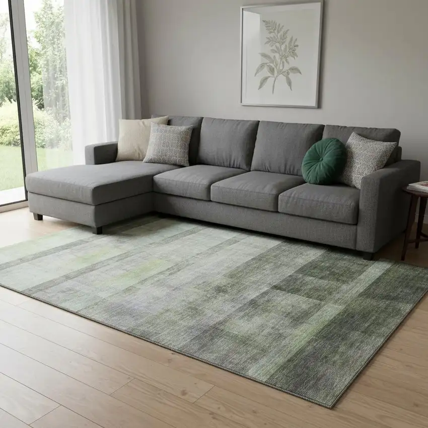 Olive Green And Ivory Abstract Washable Area Rug With UV Protection Photo 1