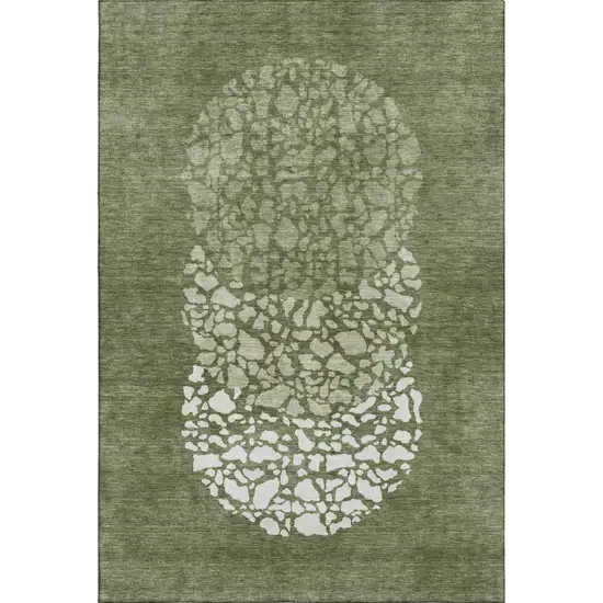 Olive Green And Ivory Abstract Washable Area Rug With UV Protection Photo 1