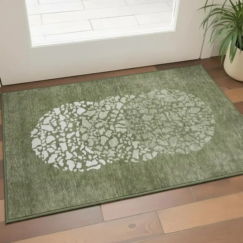 Olive Green And Ivory Abstract Washable Area Rug With UV Protection Photo 2
