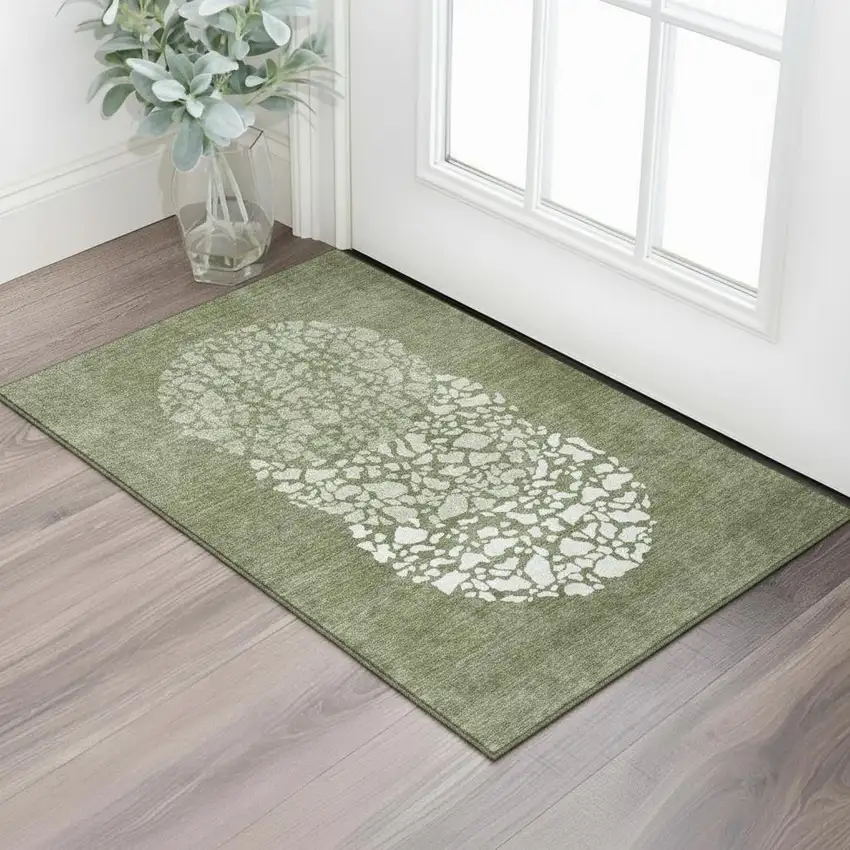Olive Green And Ivory Abstract Washable Area Rug With UV Protection Photo 1