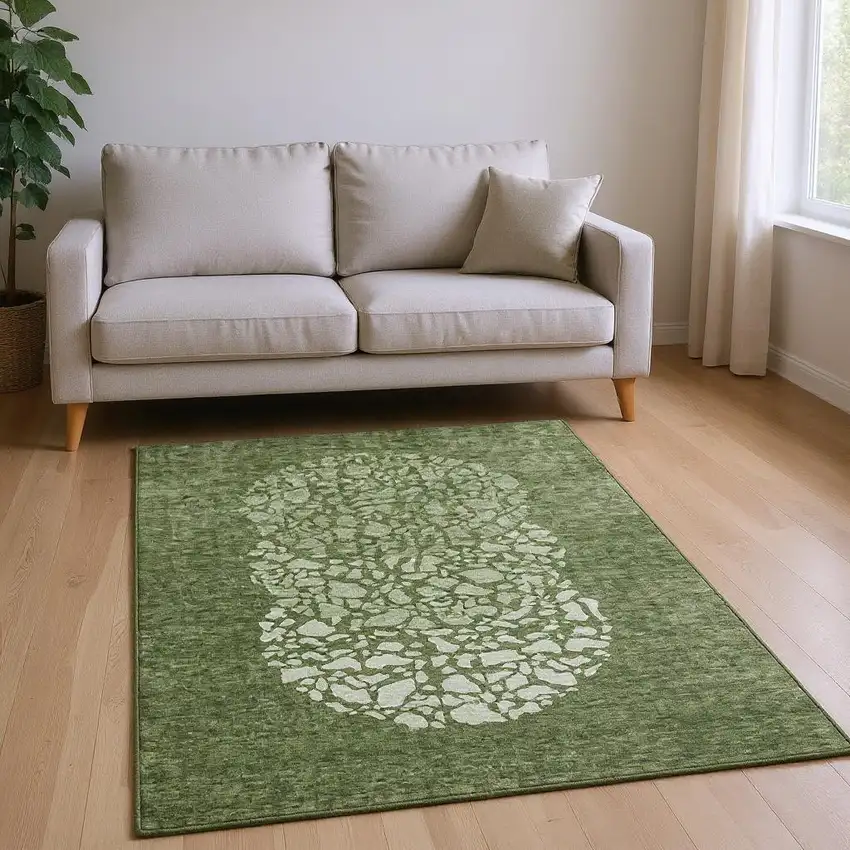 Olive Green And Ivory Abstract Washable Area Rug With UV Protection Photo 2